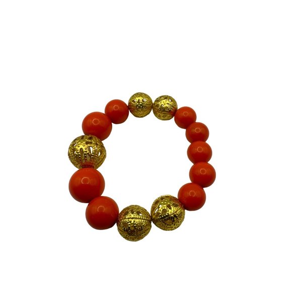 Set of 2 Orange and Gold-tone Beaded Stretch Bracelets - Picture 3 of 4